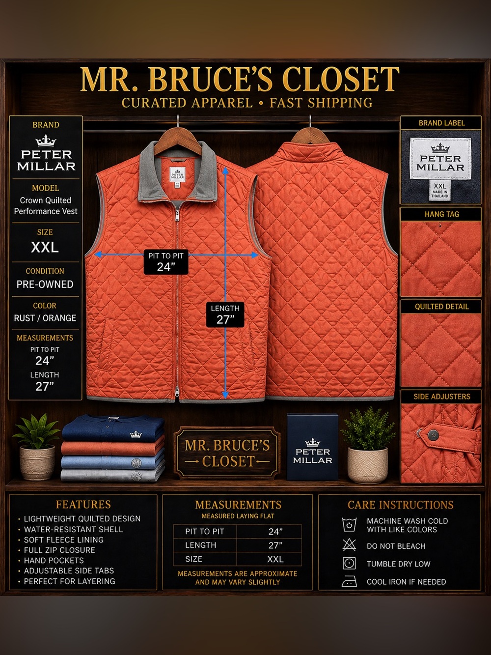 Peter Millar Quilted Rust-Orange Performance Vest with Contrast Collar